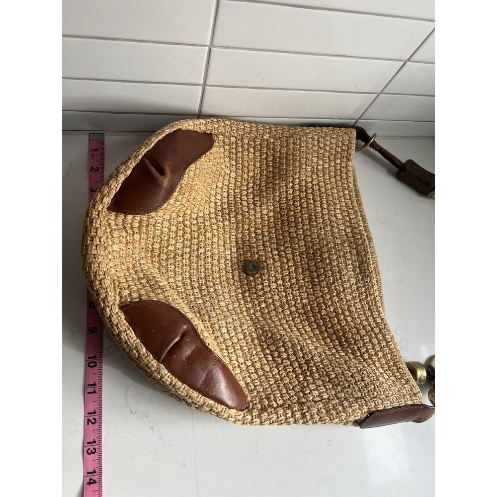 Vtg Dillards Jute Leather Trim Shoulder Handbag Women Tan Brown Lined Bag - Picture 9 of 9
